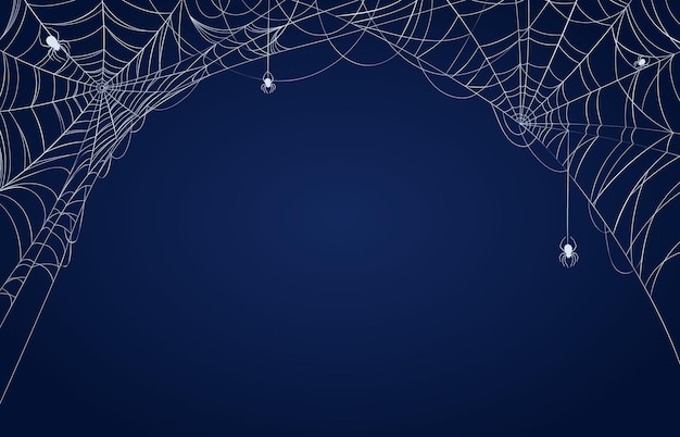 Spider web banner. halloween spooky decorated background with cobwebs in corners and hanging spiders. scary spiderweb frame vector pattern. spider halloween scary and horror banner illustration