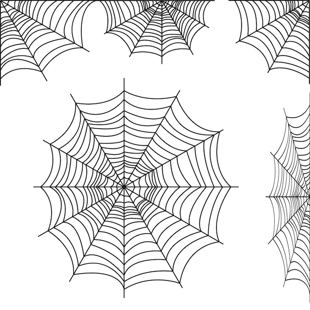 Spider web collection isolated on white tone. Spider web for Halloween design. Web element spider, spooky, scary, horror for Halloween decor. Hand drawing silhouette. Vector illustration