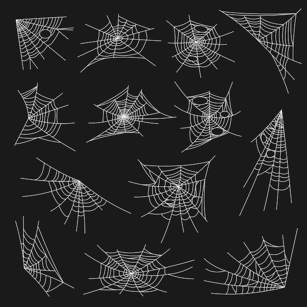 Spider web Halloween design. cobweb isolated on black background. White round and corner spiderweb elements, spooky or scary decoration. Horrible halloween decor, trap for insects and flies set