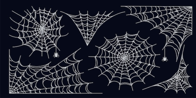 Vector spider web set isolated on dark background spooky halloween cobwebs with spiders