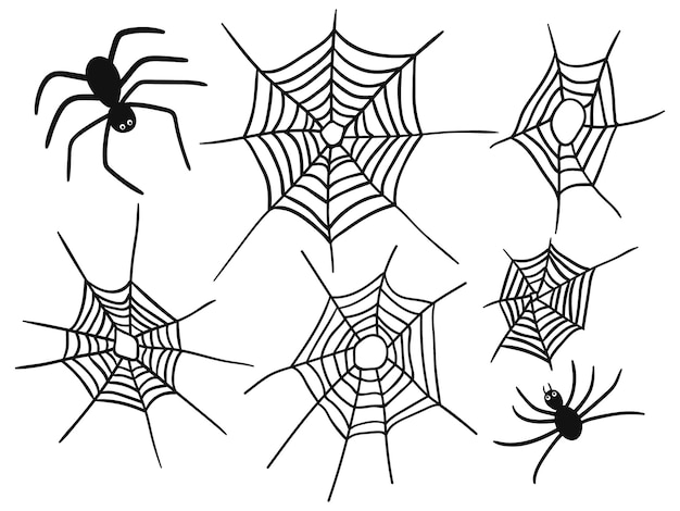 거미와 거미의 그물 세트 벡터 낙서 할로윈 그림 스티커 무서운 장식