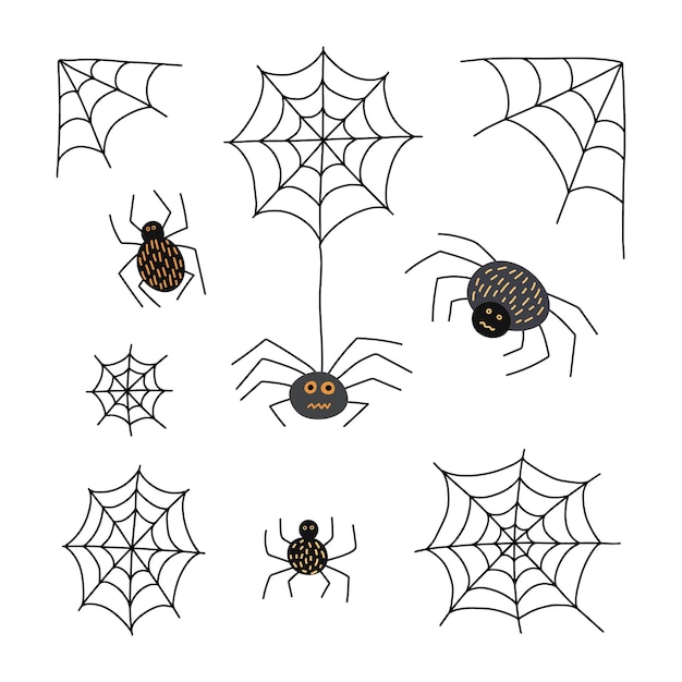 Пауки и веб-векторный набор Doodle Halloween set