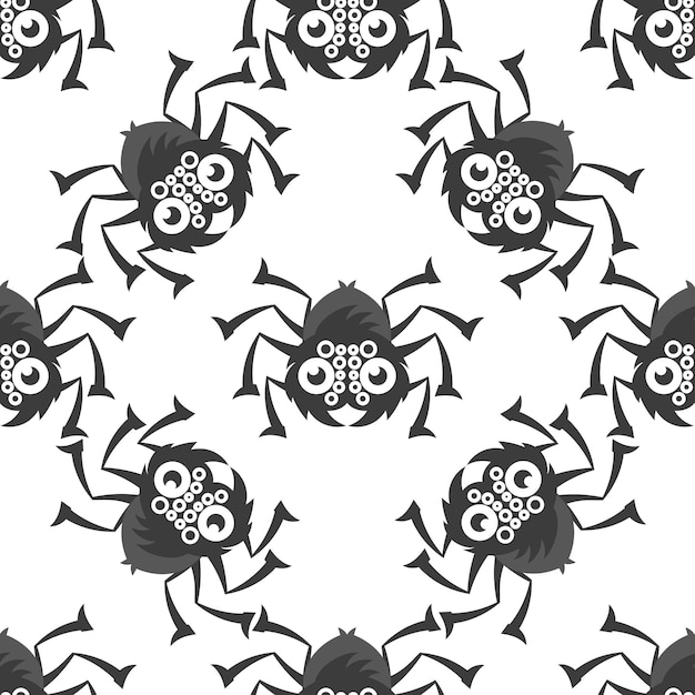 Spiders on webs seamless pattern on white background repeats seamlessly.