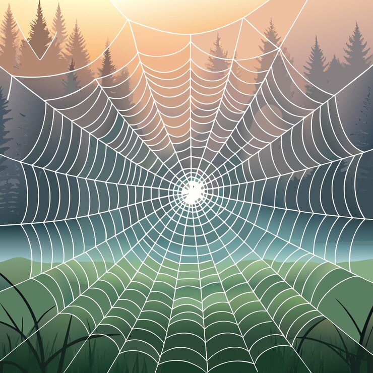Vector spiderweb in a forest at dawn