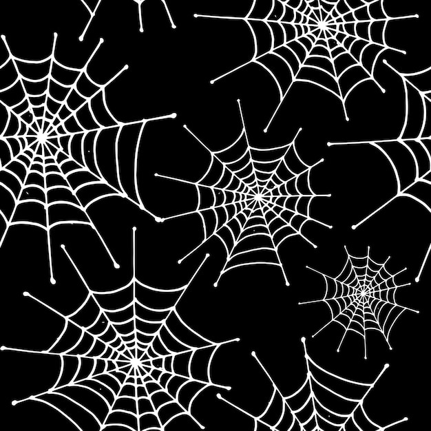 Vector spiderweb pattern. white hand drawn spiderwebs on black background. seamless vector backdrop.