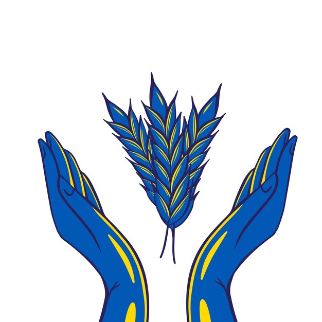 Spikelets of wheat over raised hands vector illustration stylised in ukrainian national flag colors