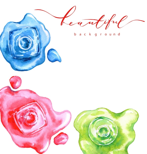 spilled colorful nail polish bottle watercolor illustration on white fashion vector template