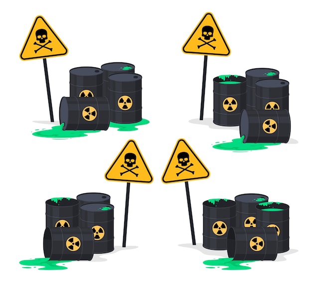 Spilled toxic substances barrels for chemical toxic substances different types of barrels storage of liquid types of substances vector illustration