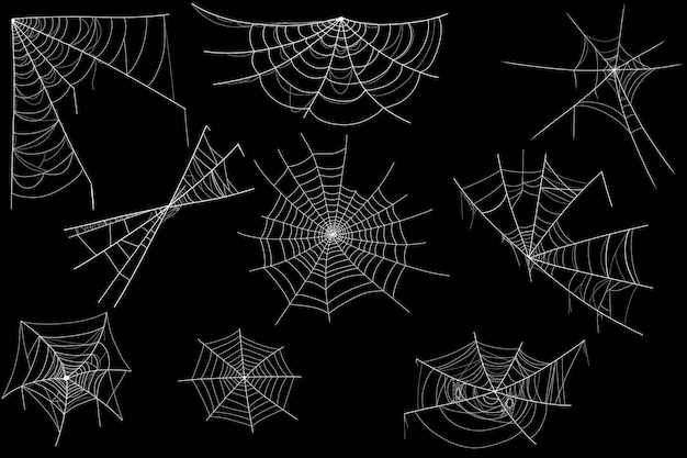 Spinnenweb set geïsoleerd op donkere achtergrond hand tekenen spinnenweb set spinnenweb elementenspooky eng