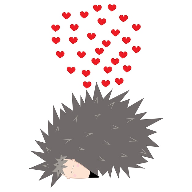 Spiny sleeping hedgehog with red hearts on a white Character for valentine day wedding birthday card