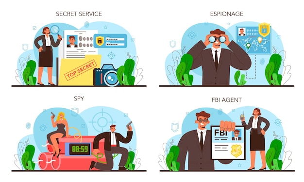 Spion ingesteld. Geheim agent of fbi die misdaad onderzoekt. Bescherming tegen spionage, cyberaanvallen en terroristen. Speciale geheime dienst. Platte vectorillustratie