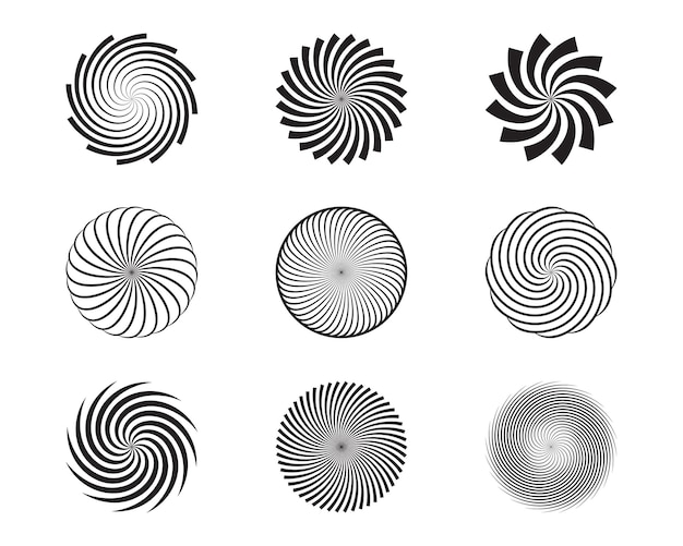 Spiraal en swirl beweging draaiende cirkels design element set. Vector illustratie.