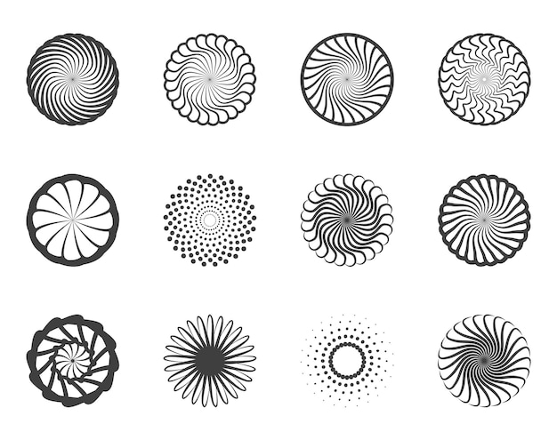 Spiraal en swirl beweging draaiende cirkels ontwerpelement set vectorillustratie