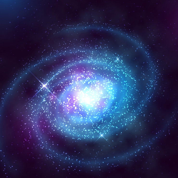 Vector spiraalvormige melkweg in kosmische ruimte met sterrige blauwe hemel vectorillustratie