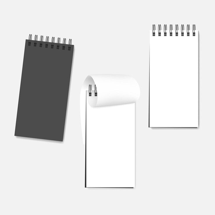Vector spiral blank notebook vector mockup wire bound notepad white clear page and gray cover template