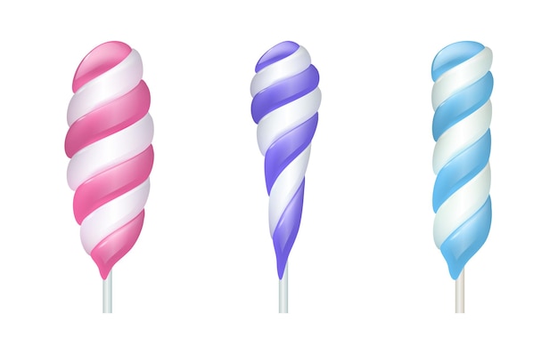 Спиральный леденец Мультяшные сладкие леденцы на палочке Вихревая конфета на палочке с полосами белого и розового фиолетового или синего цветов Изолированные кондитерские изделия нездоровые сладкие пищевые векторные наборы