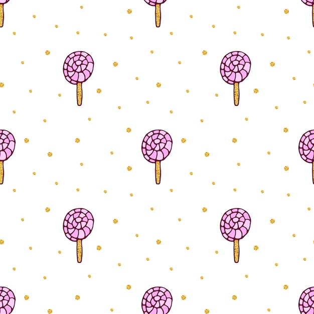 Vector spiral lollipops pattern seamless spiral candy on stick in doodle style with golden glitters