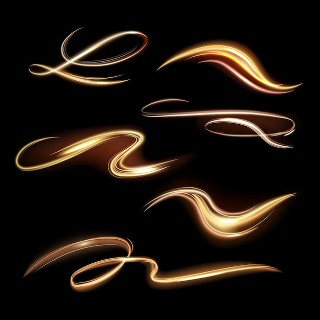 Spiral shining trail. energy golden flame, glow transparent trails, spiral light effect waves and beautiful light path  illustration  set. vibrant magic power yellow tails