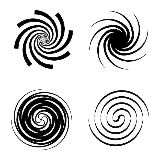 Vector spirals circular wave elements psychedelic hypnosis symbols abstract twisted swirl waves curve shape pictogram black silhouettes for creative round logo emblem or label vector isolated icons set