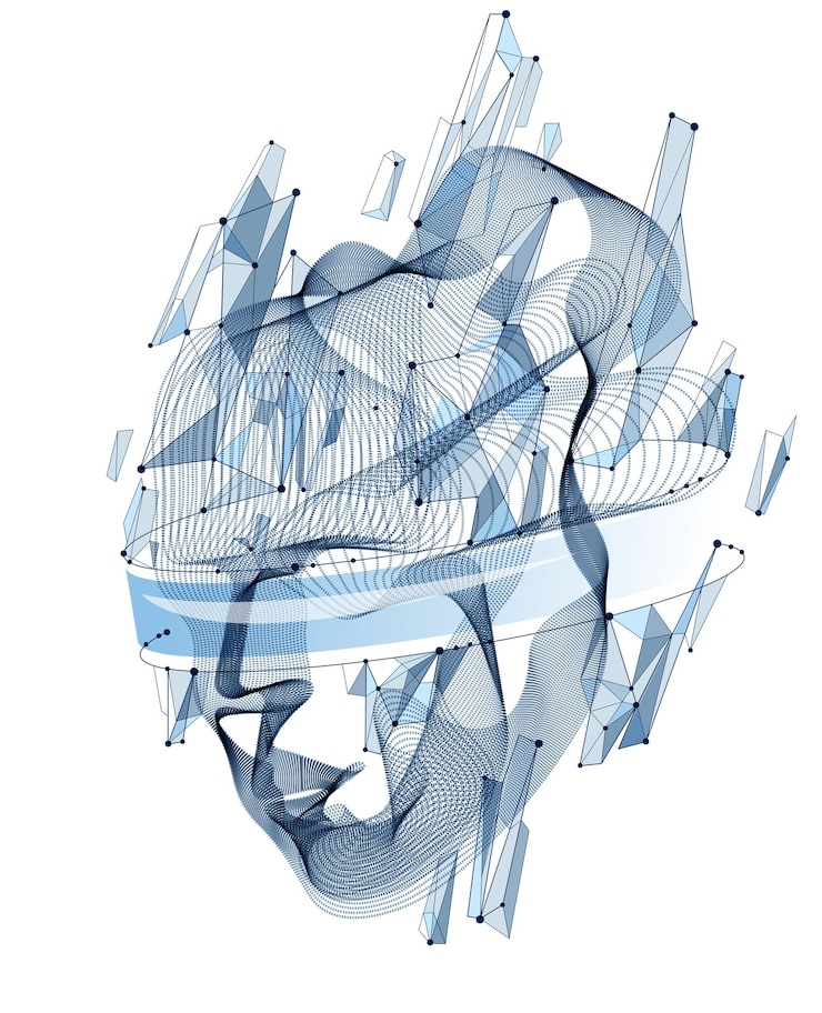 Vector spirit of digital electronic time, artificial intelligence vector illustration of human head made of dotted particles wave lines, particle flow, technological soul of machine.