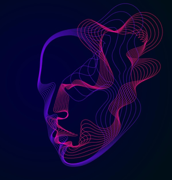 Vector spirit of digital electronic time, artificial intelligence vector illustration of human head made of dotted particles wave lines, particle flow, technological soul of machine.