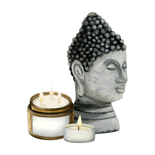 Vector spiritual buddha figurine and burning aroma candle