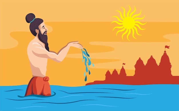 Guru spirituale sadhu pregando nel fiume dando argya