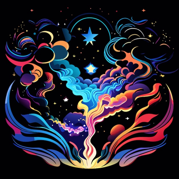 Vector spiritual smoke in space with stars on black background vector illustration