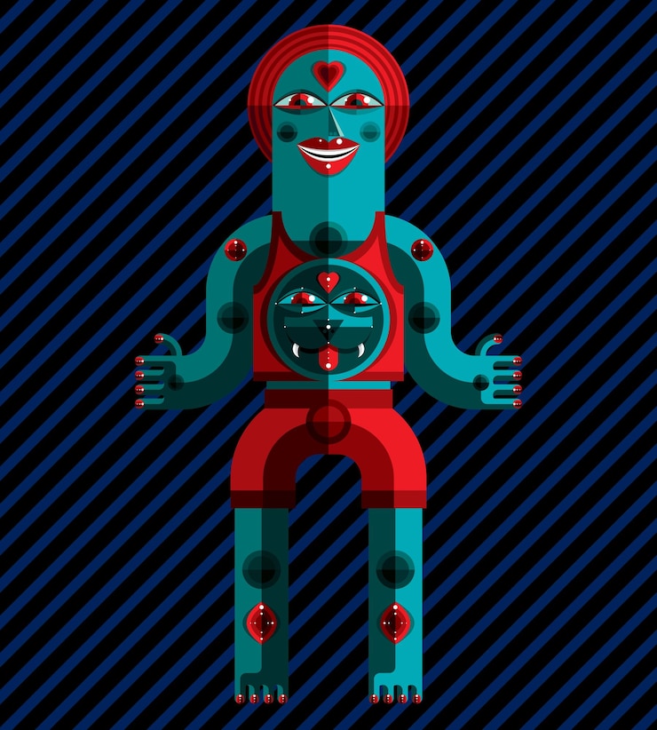 Vector spiritual totem vector illustration, meditation theme drawing. anthropomorphic character, cartoon beast, mystic idol isolated on art background.