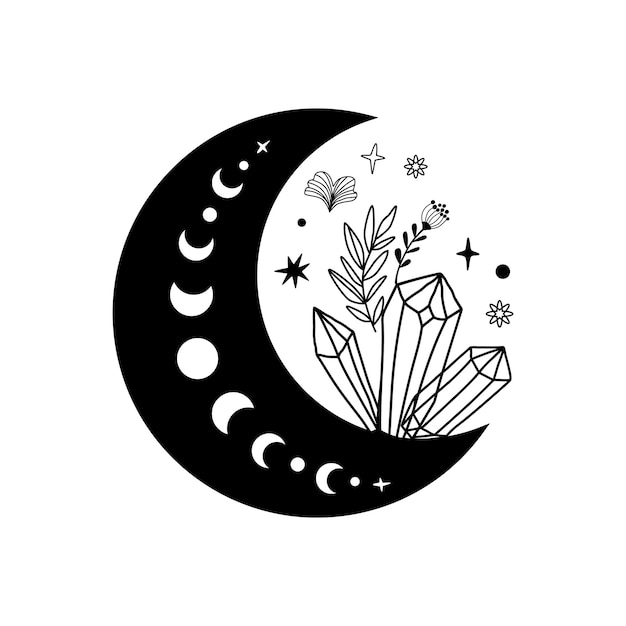 Spiritualità fase lunare cristallo logo luna floreale pietra magica grafica nera illustrazione di pietra spirituale forma minerale della luna vettoriale