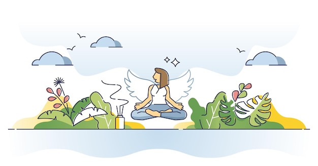 Spirituele zelfzorg en mentaal evenwicht met body mindfulness outline concept. Meditatie en yoga met lotus pose en ontspanning vectorillustratie. Vrouwelijke energie opladen met aromatherapiesessie.