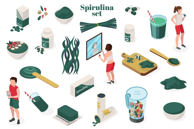 Spirulina isometrische set met geïsoleerde menselijke karakters en afbeeldingen van voedingssupplementen en bacterie met goederen vectorillustratie