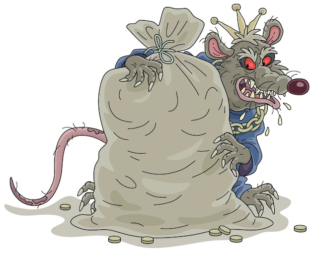 Spiteful and greedy of gain old rat king with a shabby tail grinning and hugging a big bag of gold