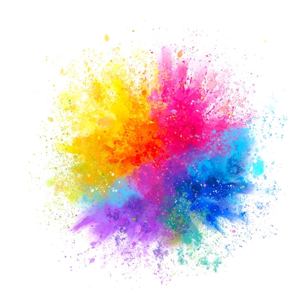 Splash of colorful powder over white background vibrant color dust particles textured background