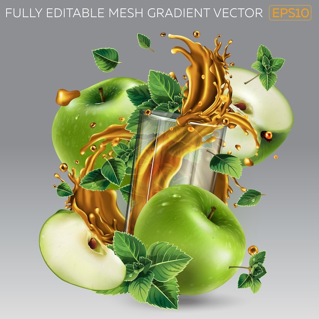 Vettore spruzzata di succo di frutta in un bicchiere tra mele verdi e foglie di menta.