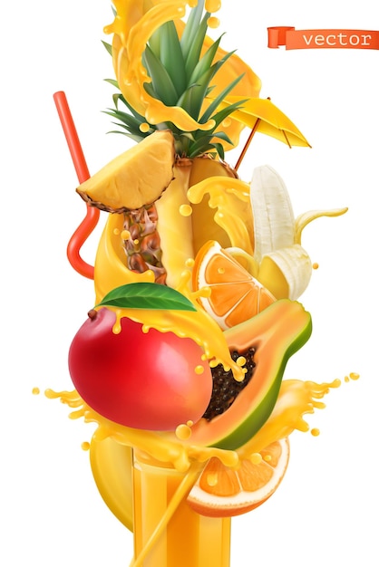 Vector splash of juice and sweet tropical fruits mango banana pineapple papaya orange 3d realistic vector