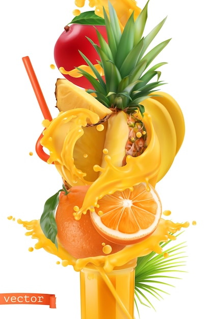 Vector splash of juice and sweet tropical fruits mango banana pineapple papaya orange 3d realistic vector