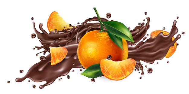 Splash of liquid chocolate and fresh mandarins.