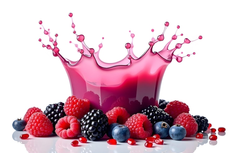 Vector a splash of raspberries and raspberries are on a white background