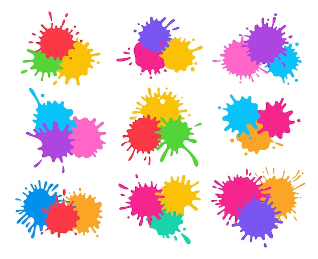 Splash splatter verf vorm kleurrijke cartoon set vlek splat vloeistoffen drop icon inkt splashing vector