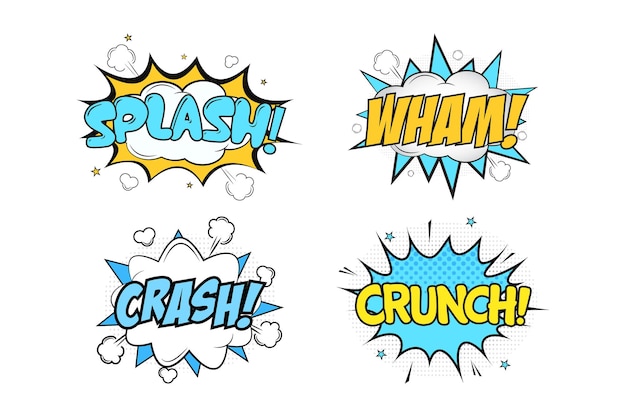 Splash Wham-strip barstte van de witte, blauwe en gele kleuren. Crash Crunch komische explosie met gele, witte en blauwe kleuren. Tekstballonnen voor cartoontoespraken. Komische explosie met kleurrijke wolken.