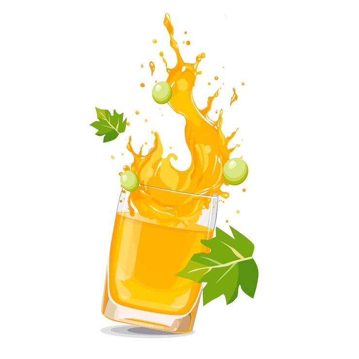 Vector splashes van geel druivensap met plakjes vector clipart met zomer drank geïsoleerd voor het ontwerp