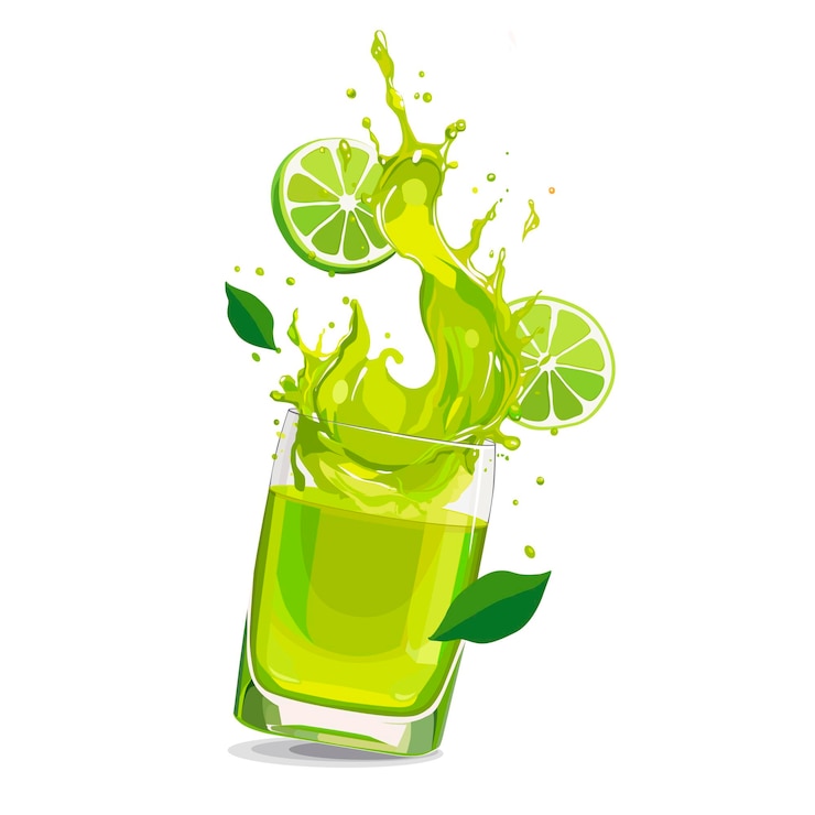 Vector splashes of yellow lime juice with slices vector clipart with citrus drink isolated for design