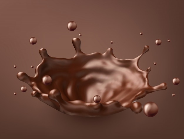 Vettore spruzzi di cioccolato liquido, gustoso cioccolato dolce.