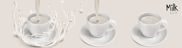 Vector splashing milk pouring down into cup