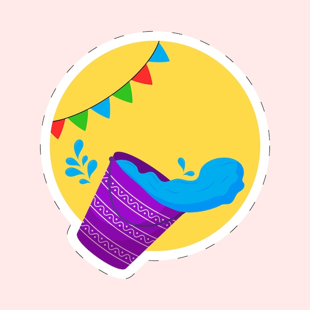 Splashing paint bucket with string flag hanging yellow circle frame on pink background