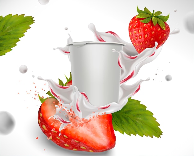 Vector splashing strawberry yogurt with fresh fruit and cup container