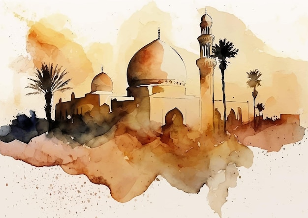 The splendor of islamic art in watercolor paintings of mosques