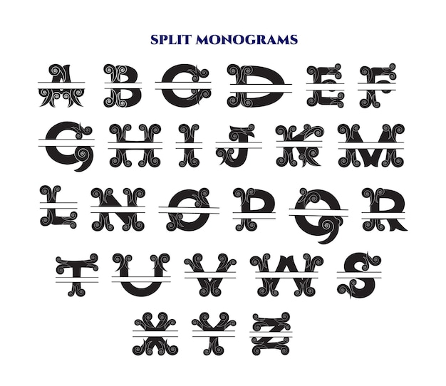 Split monogram alfabet eerste vector Letters gesneden bestanden silhouet Cricut lettertype A tot Z