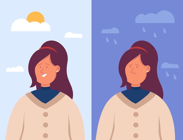 Vector split portrait of hispanic woman in depression and in good mood. bipolar disorder, happy smiling and sad face flat illustration